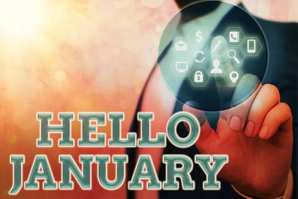 Texto de caligrafía Hola Enero. Concepto que significa saludo utilizado al dar la bienvenida al 1er mes del año . — Foto de Stock