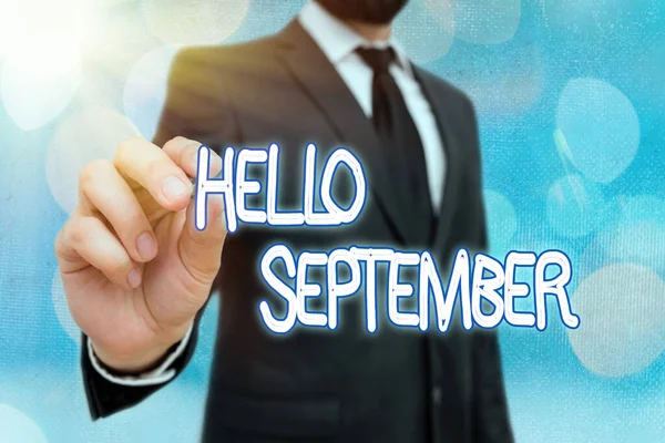 Szövegíró szöveg Hello September. Az év kilencedik hónapjának megemlékezésére használt üzleti üdvözlési koncepció. — Stock Fotó