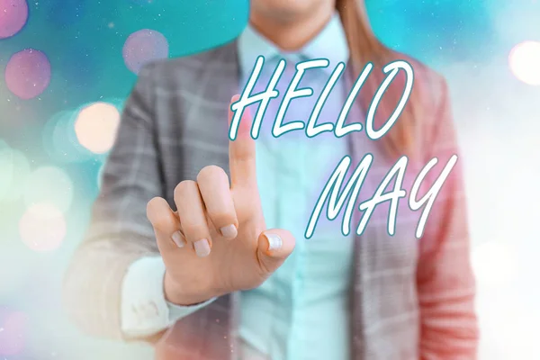 Escribir texto a mano Hello May. Concepto que significa abordar el quinto mes del año con inspiración y aliento . — Foto de Stock