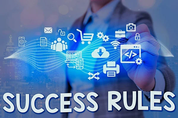 Writing note showing Success Rules. Business photo showcasing established ways of setting goals making it easier to achieve. — Stock Photo, Image