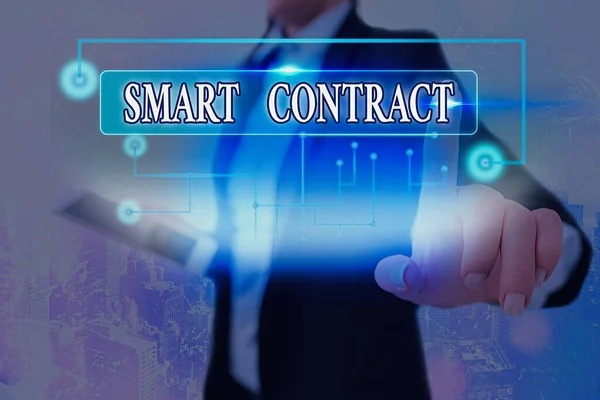 Text sign showing Smart Contract. Conceptual photo digital agreement to control the transfer of digital currencies.