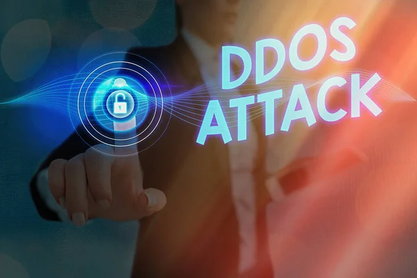 Writing note showing Ddos Attack. Business photo showcasing disturbed access to the normal server caused by malicious system. — Stock Photo, Image