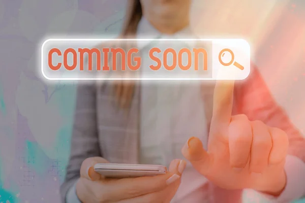Text sign showing Coming Soon. Conceptual photo an event that is bound to happen in the future or about to come. — Stock Photo, Image