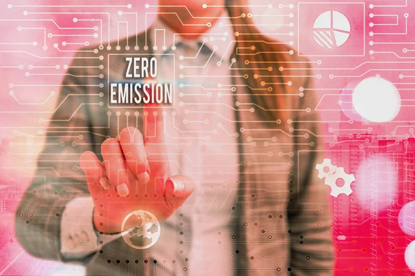 Segno di testo che indica emissioni zero. La foto concettuale si riferisce ad un motore che non emette inquinanti atmosferici . — Foto Stock