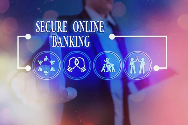 Koncepcionális kézírás a Secure Online Banking bemutatásával. Üzleti fotó szöveg védi a digitális bank internetes tranzakciók. — Stock Fotó