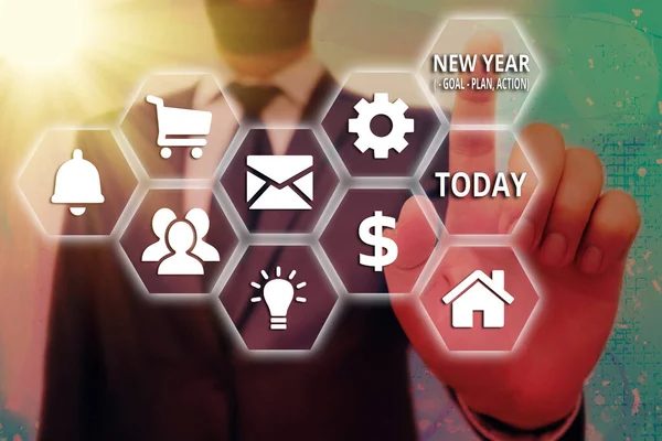 Slovo psaní textu New Year Goal Plan, Akce. Obchodní koncepce pro obchodní řešení a plánování s motivací. — Stock fotografie