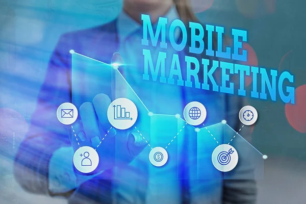 Schreiben Notiz zeigt Mobile Marketing. Geschäftsfotos mit Werbung, die Produkte über anpassungsfähige Geräte fördert. — Stockfoto