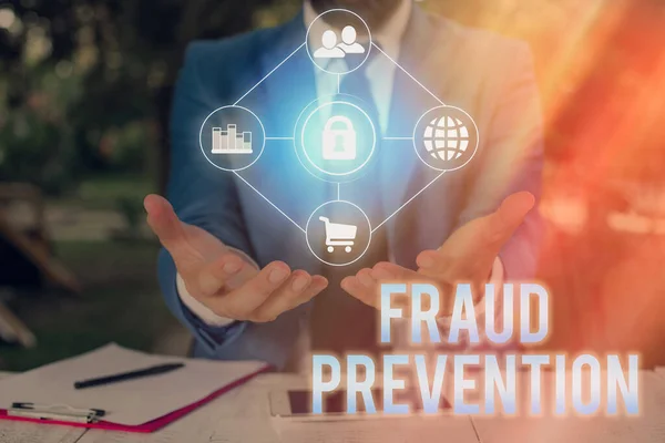 Conceptual hand writing showing Fraud Prevention. Business photo showcasing to secure the enterprise and its processes against hoax.