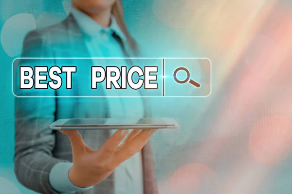 Signo de texto mostrando el mejor precio. Foto conceptual el costo más considerado de un producto dado a los clientes . — Foto de Stock