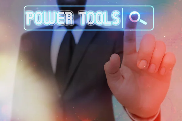 ワード書き込みテキスト｜Power Tools。主に手作業で使用される電動モータを動力源とする工具のビジネスコンセプト. — ストック写真