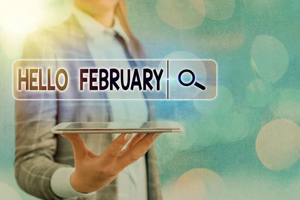 Textschild mit Hallo Februar. Konzeptioneller Foto-Gruß zur Begrüßung des zweiten Monats des Jahres. — Stockfoto