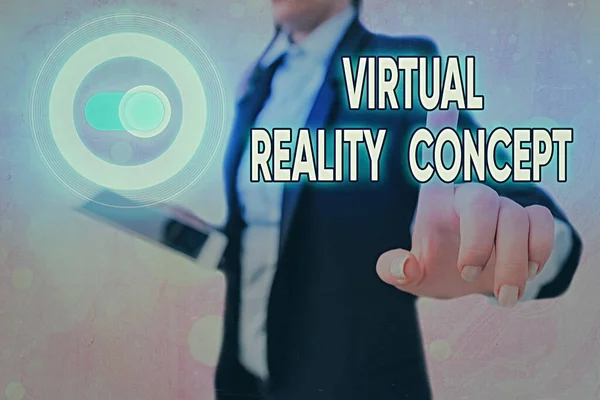 Escritura manual conceptual que muestra el concepto de realidad virtual. Foto de negocios que muestra el entorno artificial futurista 3d utilizando una pantalla digital . —  Fotos de Stock