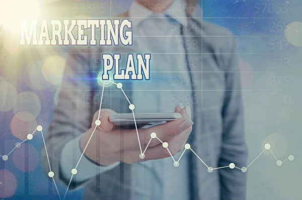 Textschild mit Marketingplan. Konzeptionelle Foto allgemeine Geschäftsstrategie gebildet, die sie umsetzen werden. — Stockfoto