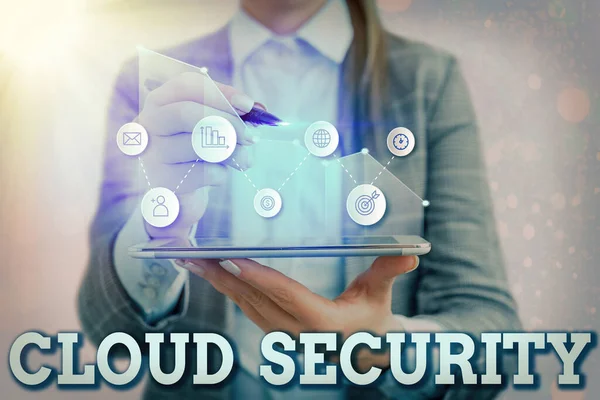Escrevendo uma nota mostrando a segurança da nuvem. Foto de negócios mostrando Impor um sistema seguro de dados existentes na Internet . — Fotografia de Stock