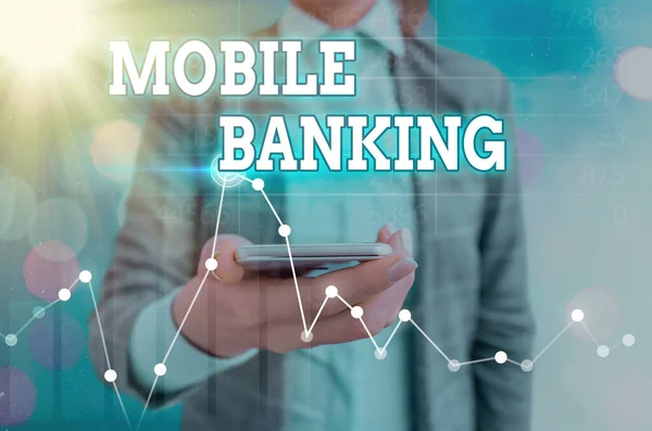 Mobil Banking-et mutató szövegtábla. Koncepcionális fotó létrehozása pénzügyi tranzakciók segítségével okostelefon. — Stock Fotó
