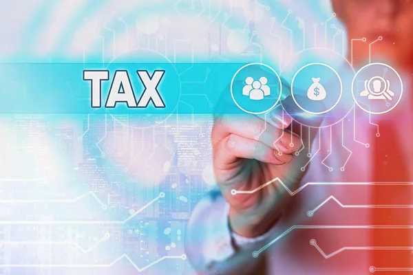 Pisanie tekstu Podatek. Koncepcja biznesowa dotycząca obowiązkowego obciążenia finansowego nakładanego na podatnika przez rząd. — Zdjęcie stockowe
