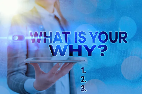 Text sign showing What Is Your Why Question. Conceptual photo asking someone about their purpose in life. — Stock Photo, Image