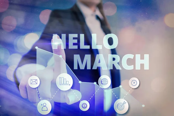 Концептуальне написання руки показує "Hello March". Бізнес фототекст привітний вислів, який використовується при вітанні місяця березня.. — стокове фото