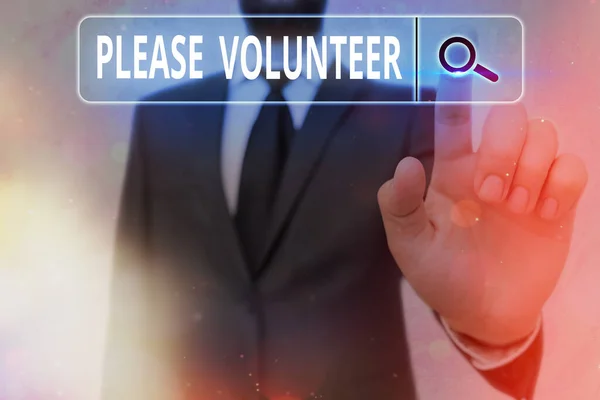 Escribir nota mostrando Please Volunteer. Foto de negocios mostrando acto de pedir cortésmente alistarse o inscribirse en los asuntos . —  Fotos de Stock