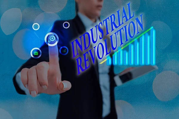 산업 혁명 이라는 문구를 씁니다. 제조업 과 운송 상품의 변화에 대한 비즈니스 개념. — 스톡 사진