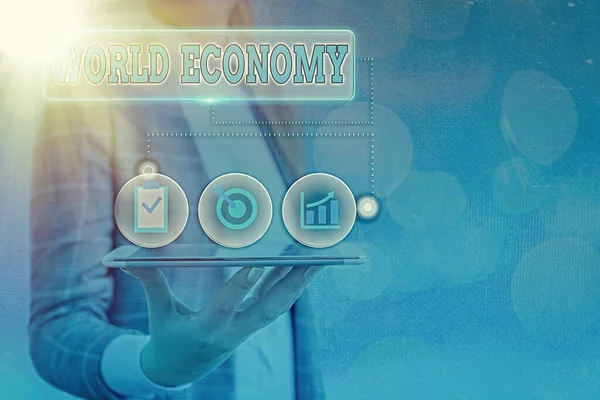 Text sign showing World Economy. Conceptual photo international trading of product and services around the world. — Stock Photo, Image