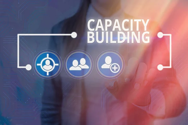 Text sign showing Capacity Building. Conceptual photo process by which individuals gain knowledge and skills. — Stock Photo, Image