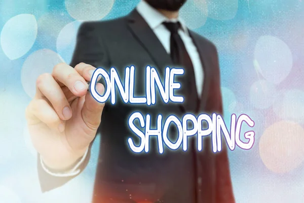 Slovo psaní textu online nakupování. Obchodní koncept pro elektronický obchod, který umožňuje spotřebiteli nakupovat zboží přes internet. — Stock fotografie