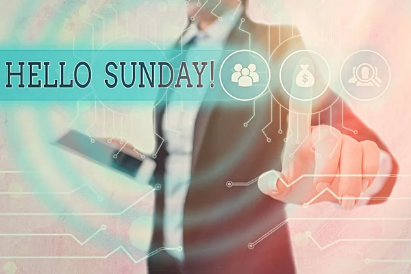 Schrijfbriefje met Hello Sunday. Zakelijke foto presentatie geïnspireerd positieve begroeting voor het hebben van een gelukkig weekend. — Stockfoto