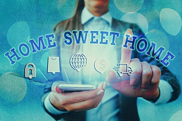 Ordskrivning text Home Sweet Home. Affärsidé för Välkommen tillbaka behaglig varm, lättnad och glada hälsningar. — Stockfoto