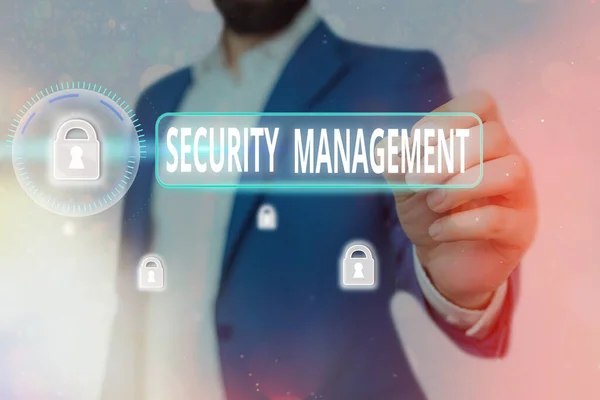 Handschrift tekst schrijven Security Management. Begrip betekent de identificatie van een organisatie s is activa. — Stockfoto