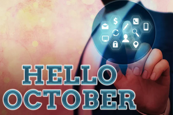 Handschriftlicher Text Hallo Oktober. Konzept der Begrüßung bei der Begrüßung des 10. Monats des Jahres. — Stockfoto