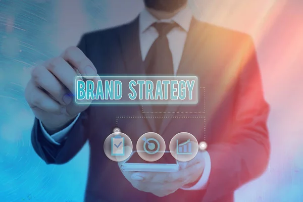 문자로 브랜드 전략 (Brand Strategy). 좋은 제품의 개발을 위해 실행 된 장기 계획에 대한 사업 개념. — 스톡 사진