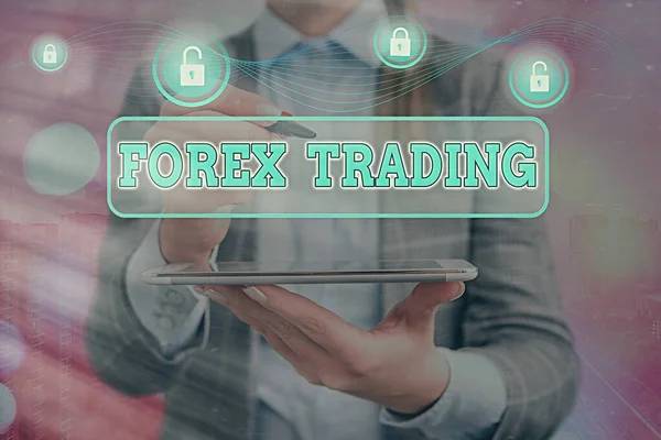 Word Γράφοντας κείμενο Forex Trading. Επιχειρηματική έννοια για την παγκόσμια αγορά που επιτρέπει την εμπορία, την ανταλλαγή νομισμάτων. — Φωτογραφία Αρχείου