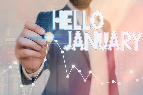 Escritura a mano conceptual que muestra Hello January. Saludo del texto de la foto del negocio utilizado al dar la bienvenida al 1er mes del año . — Foto de Stock