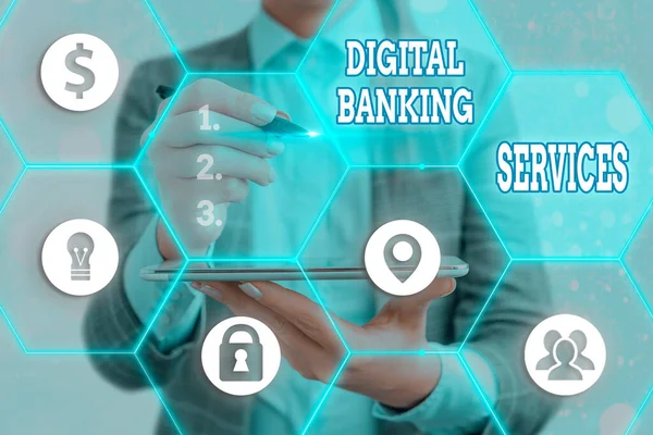 A digitális banki szolgáltatásokat bemutató írásbeli feljegyzés. Üzleti fotó bemutató Üzleti, technológia, internet és hálózatépítés. — Stock Fotó