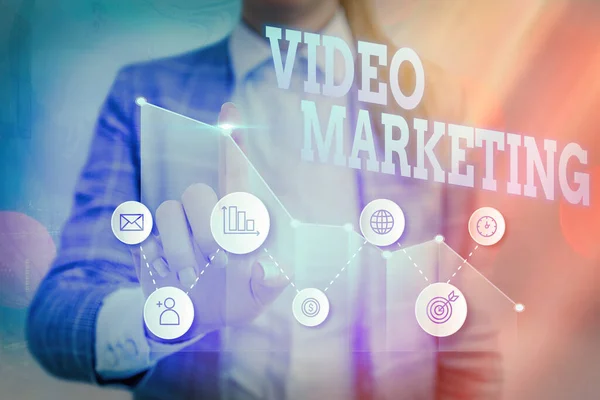 Writing note showing Video Marketing. Business photo showcasing using videos to promote and market your product or service.