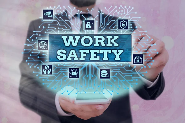 Handschrifttekst Work Safety. Begrip "preventieve maatregelen van de ondernemingen ter bescherming van de gezondheid van de werknemers". — Stockfoto