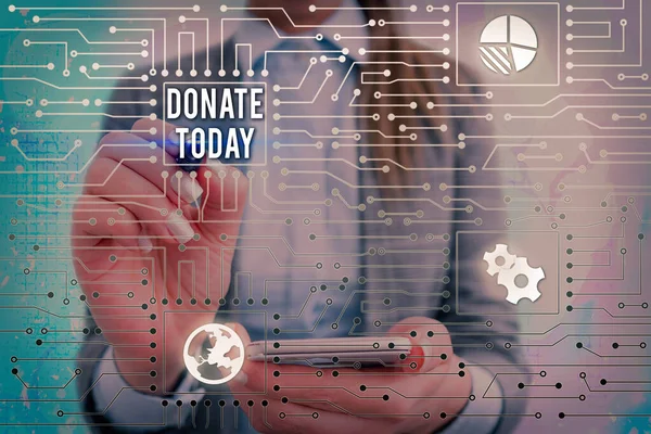 Signo de texto que muestra Donar hoy. Foto conceptual para dar bienes similares, dinero o tiempo a un individuo u organización . —  Fotos de Stock