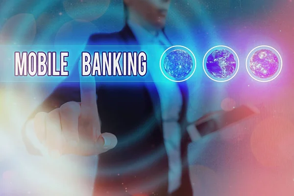 Szövegírás Mobil Banking. Üzleti koncepció pénzügyi tranzakciók létrehozására okostelefon használatával E kép elemei a NASA által biztosított. — Stock Fotó