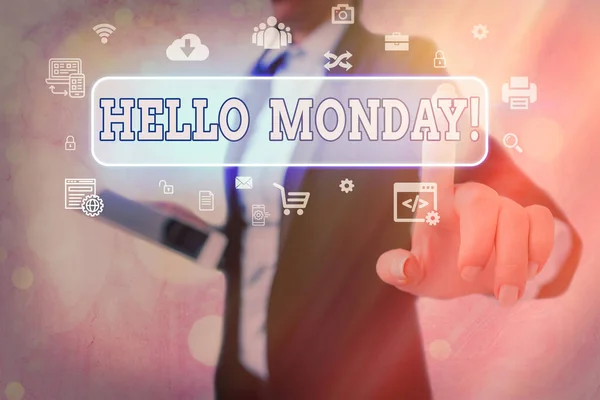 Conceptueel handschrift met Hello Monday. Zakelijke foto presentatie Goedemorgen groet voor de inspirerende eerste werkdag. — Stockfoto