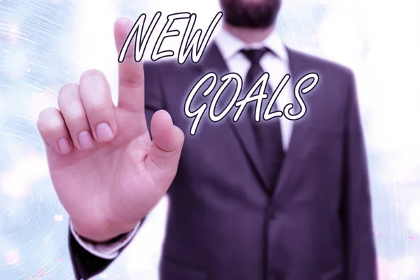 Writing note showing New Goals. Business photo showcasing a list of clearlydefined plans that an individual should attain. — Stock Photo, Image