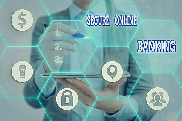 A biztonságos online bankolást bemutató írásos feljegyzés. Üzleti fotó bemutató védelme digitális bank internetes tranzakciók. — Stock Fotó