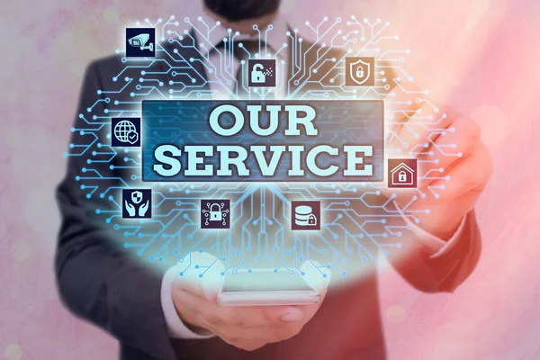 Handstilstext Vår service. Begreppet "hjälp till allmänheten med en särskild uppsättning färdigheter". — Stockfoto
