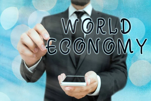 Handwriting text World Economy. Concept meaning international trading of product and services around the world. — Stock Photo, Image