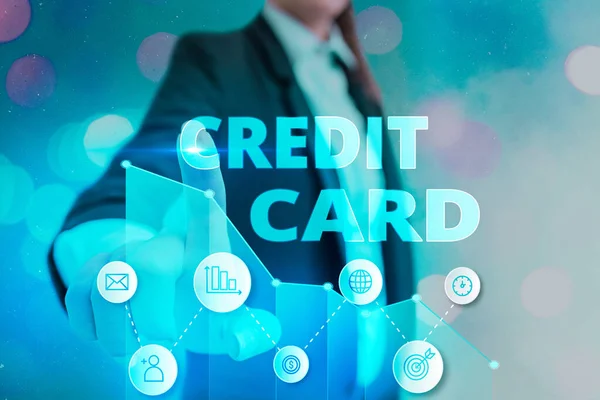 Escritura manual conceptual que muestra la tarjeta de crédito. Texto de foto de negocios un método de pago electrónico y plástico para la compra de bienes . — Foto de Stock