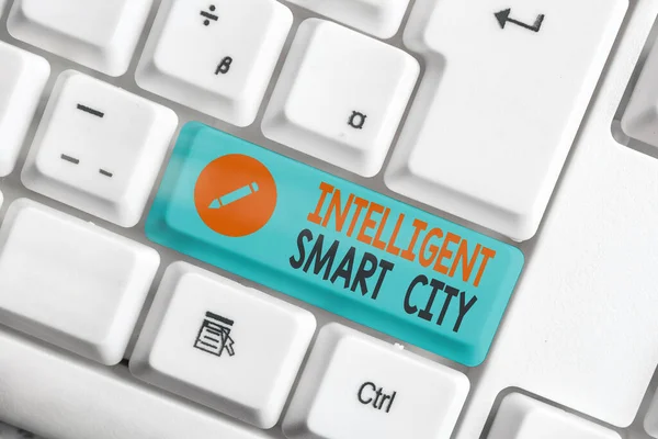 Writing note showing Intelligent Smart City. Business photo showcasing Urban intelligent building automation system business.