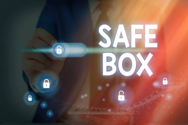 Ecriture conceptuelle montrant Safe Box. Texte de la photo d'affaires un casier de dépôt en métal où sont stockés des documents précieux. — Photo