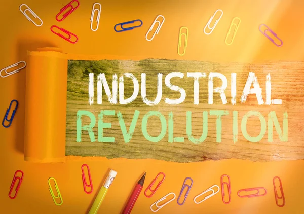 Konzeptuelle Handschrift, die die Industrielle Revolution zeigt. Foto-Text-Änderungen in der Produktion und im Transport von Gütern. — Stockfoto