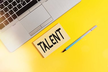 El yazısı Yetenek Yazısı. Kavram, birinin çok iyi tanımlanmış ve bu konuda ustalaşmış olduğu anlamına gelir. Moda gümüş rengi, açık dizüstü bilgisayar karesi, yapışkan not defteri, renkli arka plan..