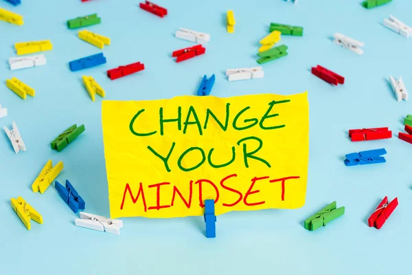 Handwriting text writing Change Your Mindset. Concept meaning Personal development and career growth alteration Colored clothespin papers empty reminder blue floor background office pin. — Stock Photo, Image
